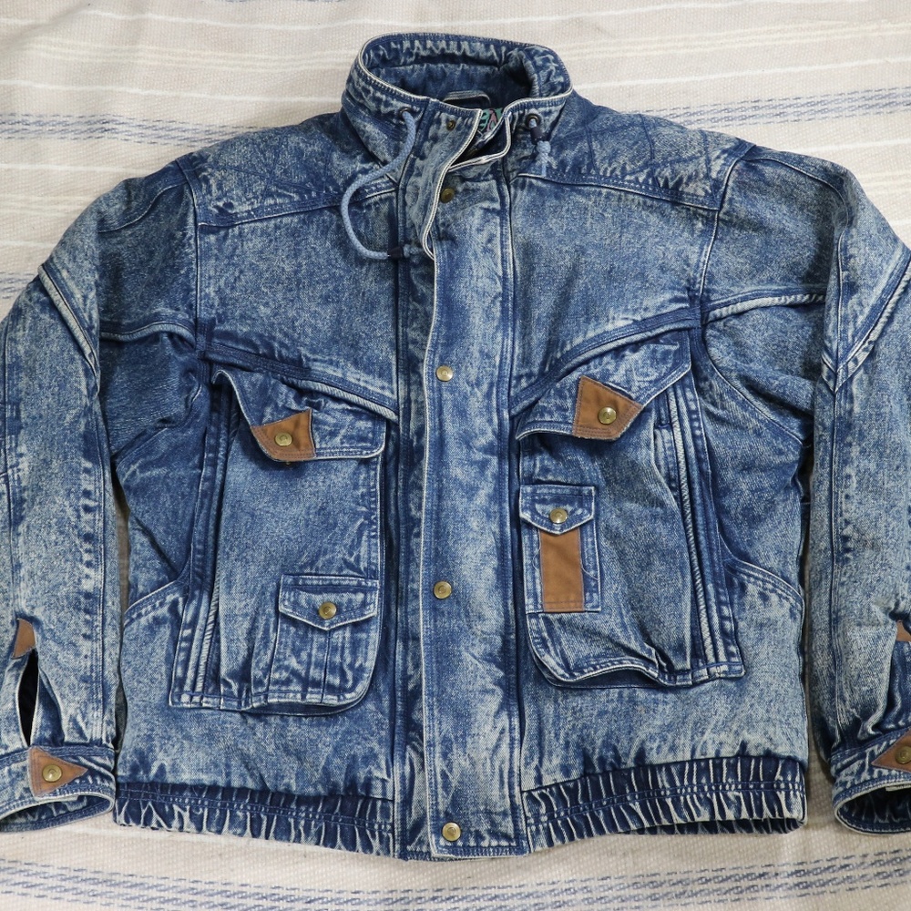 VTG EAGLES RIDGE Acid Wash Denim Bomber Jacket Sz Lg - Picture 2 of 8